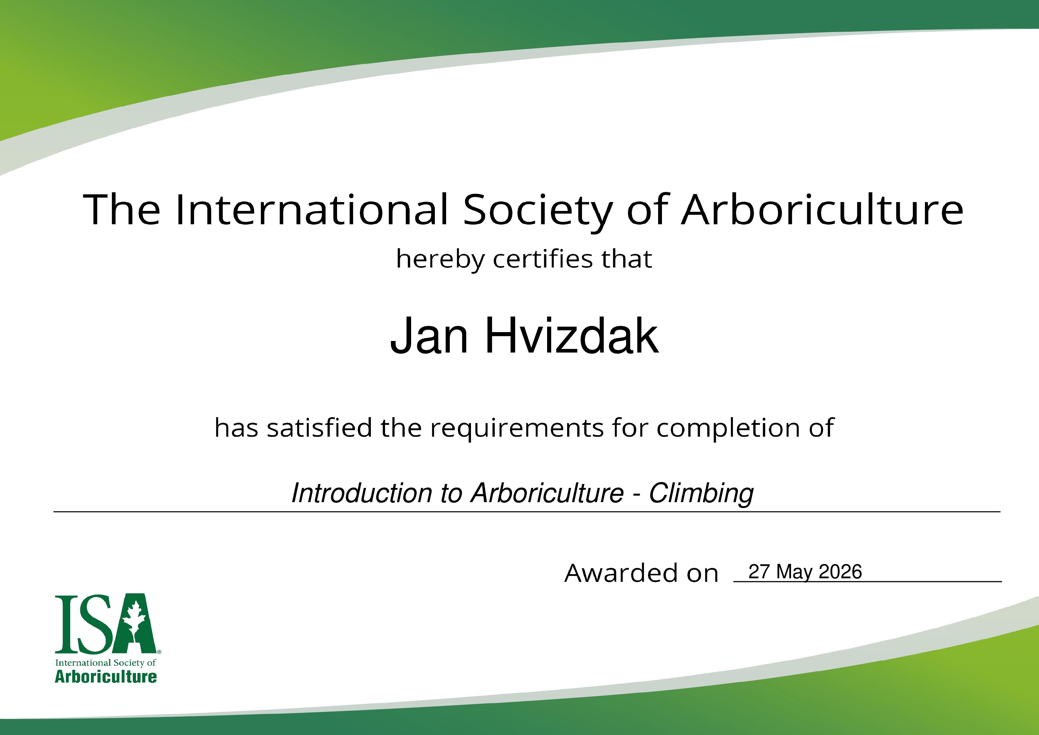 ISA Introduction to Arboriculture - Climbing Certificate, Jan Hvizdak