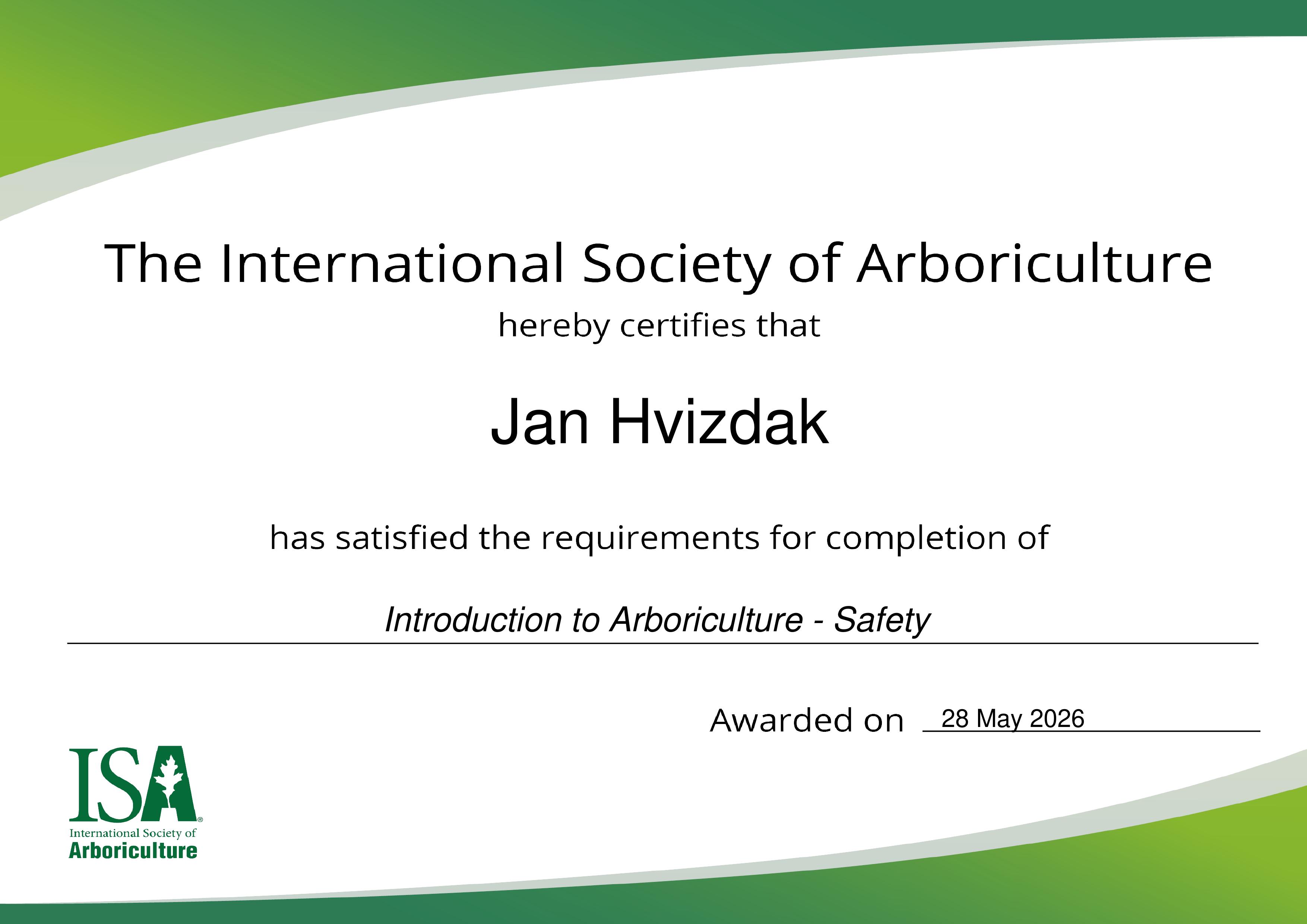 ISA Introduction to Arboriculture - Safety Certificate, Jan Hvizdak